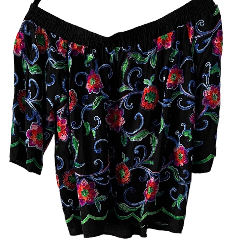 Karan Kane Black Multi Floral Embroidered Off-Shoulder Top